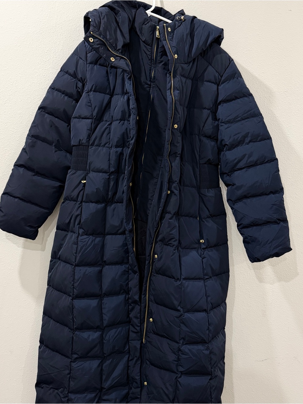 Cole Haan maxi quilted down puffer with Hood, gold tone zipper details  XL